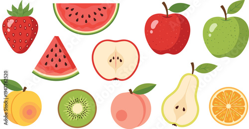 Colorful fresh fruit icons collection with apple watermelon strawberry kiwi pear peach and orange vector set