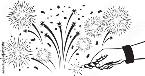 Hand holding sparkler with fireworks exploding in background illustration