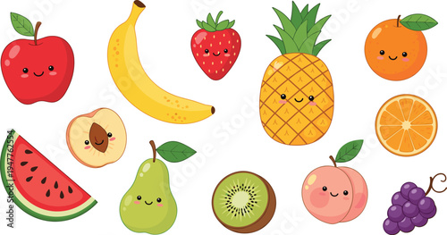 Cute kawaii fruit characters collection with apple banana pineapple strawberry orange and watermelon vector illustration set