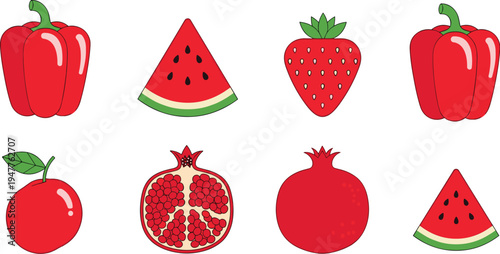 Red fruits and vegetables icons collection with pepper watermelon strawberry apple and pomegranate vector set
