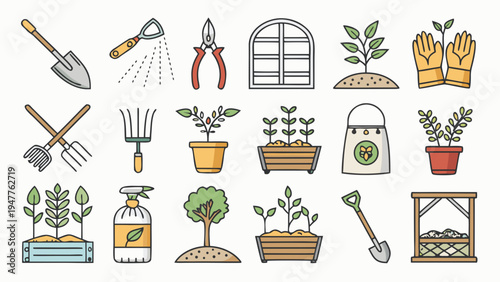 Stylized collection of camping and outdoor adventure elements presented as flat line vector icons. Perfect for nature exploration, hiking, and wilderness-themed graphic design