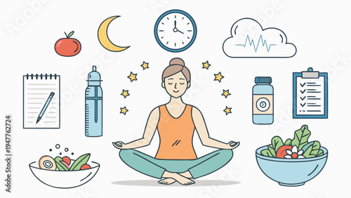 Conceptual illustration depicting a balanced and healthy lifestyle, integrating meditation, mindful eating, quality sleep, and self-care for overall well-being
