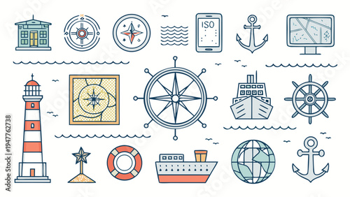 A comprehensive collection of flat design line art icons illustrating maritime travel, navigation, and seafaring elements, perfect for diverse ocean-related concepts and adventures