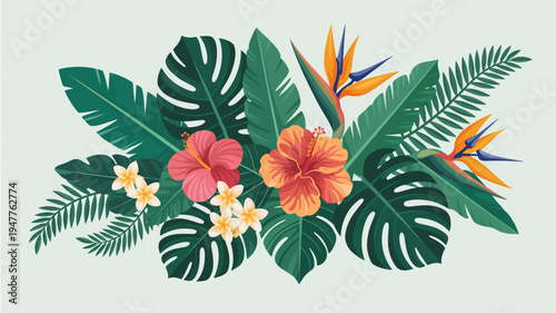 Tropical floral arrangement with green leaves colorful hibiscus flowers bird of paradise and exotic blossoms on light background