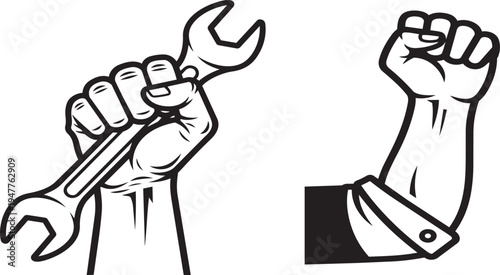 Working class unity, strong symbol of labor movement, hand holding wrench and fist raised, powerful imagery for workers' rights