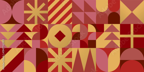Abstract background with Chinese new year 2027. Number made of geometric shapes in retro mid-century style in red, yellow and gold. Seamless Pattern. Vector EPS10	