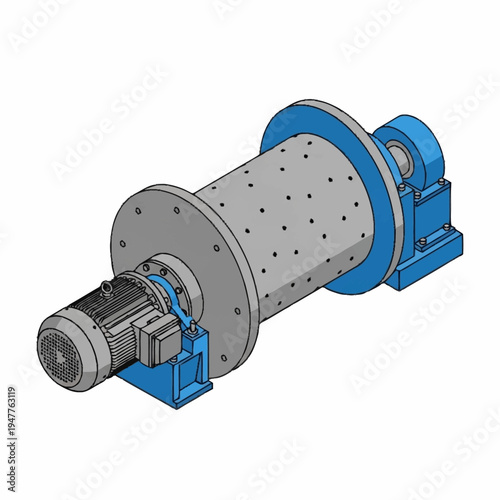 3D Rendering of a Ball Mill Machine with Electric Motor and Gear Reducer, Industrial Grinding Equipment.