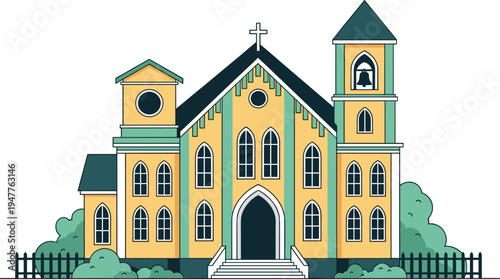 Colorful vector illustration of ornate church building with twin towers, arched windows, cross on roof, bell tower, staircase entrance, bushes, and decorative fence