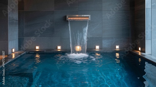 Indoor spa pool features a modern waterfall with atmospheric accent lighting.