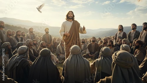 Jesus Christ delivering the Sermon on the Mount to his followers, symbolizing faith, teaching, and divine inspiration in religion and theology
