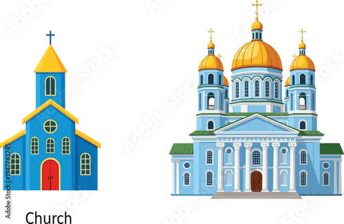 Comparison set featuring simple flat blue church icon and detailed orthodox cathedral illustration with golden domes on white background for architectural design and religious concepts.