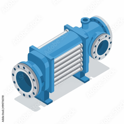 Isometric illustration of a blue shell and tube heat exchanger with multiple tubes and flanges.