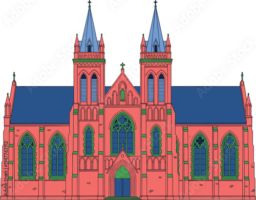 Gothic cathedral vector illustration with twin steeples red brick facade and stained glass windows historical church building for religious architecture travel and cultural heritage design