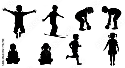 Silhouettes of children playing sports.