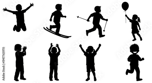 Silhouettes of children playing sports.