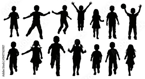 Silhouettes of children playing together.