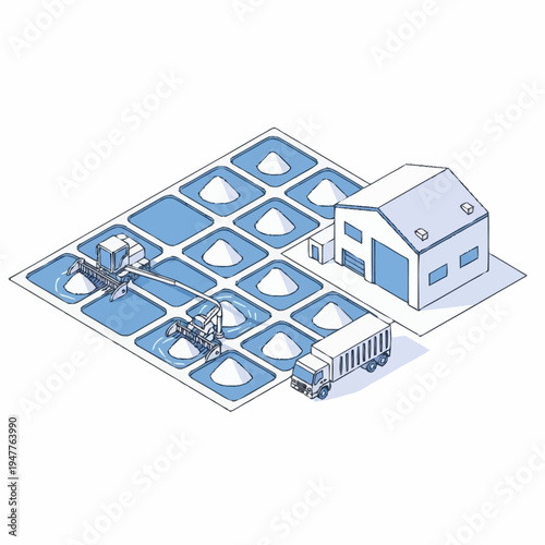 Illustration of a salt production facility with evaporation ponds, harvesting machinery, a warehouse, and a truck for transportation.