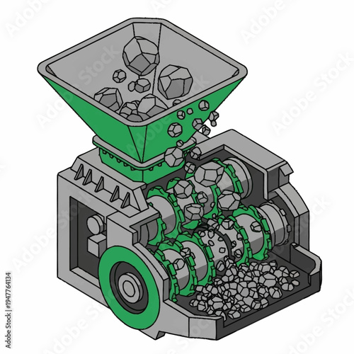 Industrial crusher machine with green accents.