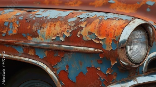 Close-up of a vintage car fender and headlight with peeling blue paint, orange rust and flaking chrome, evoking weathered decay and melancholic nostalgia
