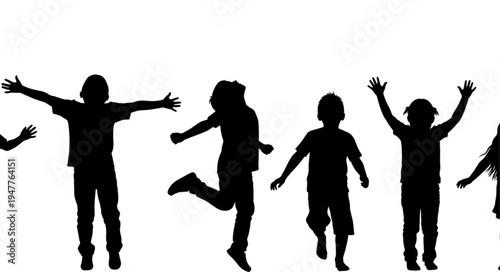 Silhouettes of children jumping happy.
