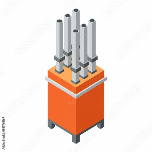 Isometric illustration of an industrial furnace with multiple exhaust pipes, rendered in a cartoon style.