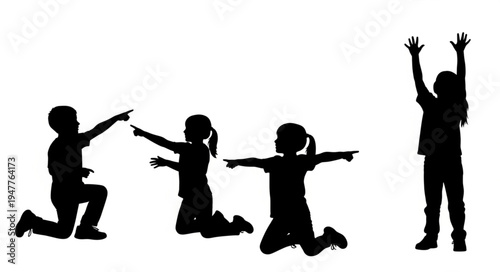 Silhouettes of children jumping playfully.