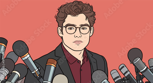 A person with glasses stands in front of many microphones. They are likely speaking at an event with media presence.