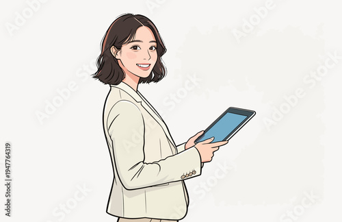 A woman in a suit stands and smiles while holding a tablet. She appears ready for a business meeting or presentation.