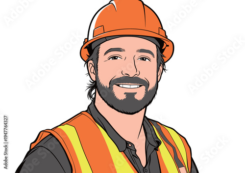A construction worker wearing an orange hard hat and safety vest stands and smiles at the work site during daytime.