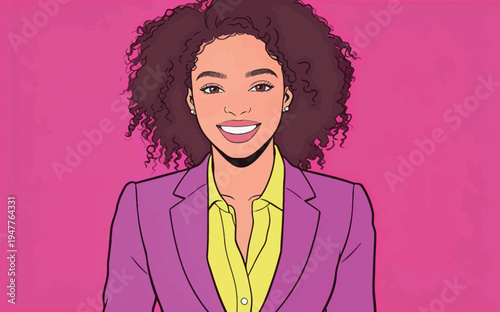A woman with curly hair shows a smile while dressed in a suit. She stands in front of a pink background, looking cheerful and confident.