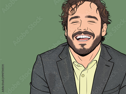 A man with curly hair laughs while wearing a suit and a light shirt. The background is solid green. His expression shows joy and happiness.