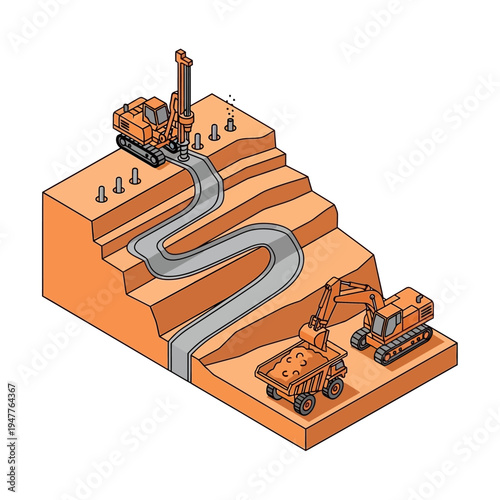 Construction site with heavy machinery, including a drill rig and excavator, working on a tiered earthwork project with a winding path.