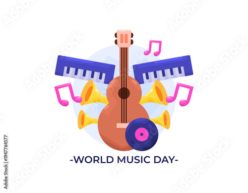 World Music Day concept. Celebrating the diversity of music and musicians around the world. Music festivals, concerts, events. Illustrations of guitar, trumpet, digital piano, vinyl record. Decorative
