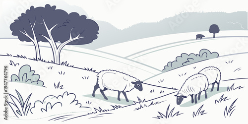 A herd of sheep grazing on a hillside Vector