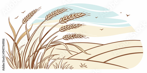 A serene landscape with a field of wheat and a blue sky Vector
