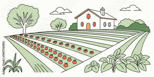 A farm with a house and rows of vegetables Vector