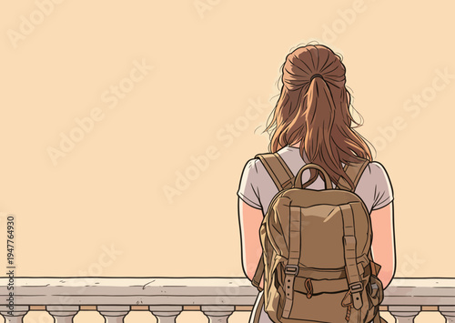 A person stands on a balcony, wearing a backpack and gazing into the distance. The background is plain and light-colored.