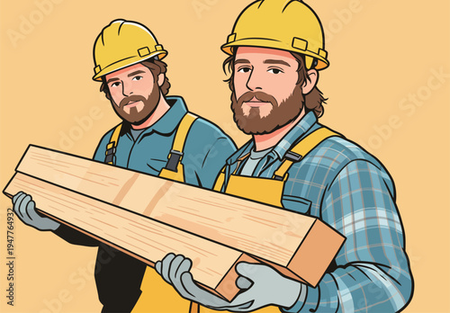 Two men stand at a construction site. They wear yellow helmets and gloves. Each man holds a wooden plank while looking directly at the viewer.