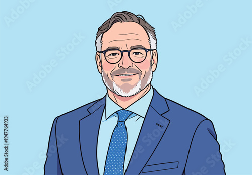 A man dressed in a suit and tie smiles while posing against a plain light blue background. He looks confident and approachable.