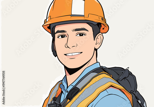 A young worker in a safety helmet and vest smiles for the camera while standing at a construction site during the day.