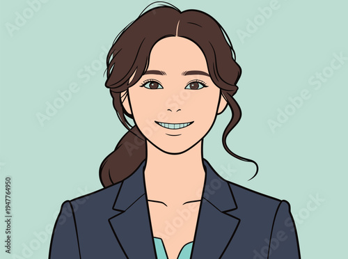 A woman stands smiling while wearing a suit. She has long dark hair styled in a ponytail and appears happy.