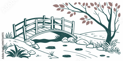 A small bridge under a tree with red leaves Vector