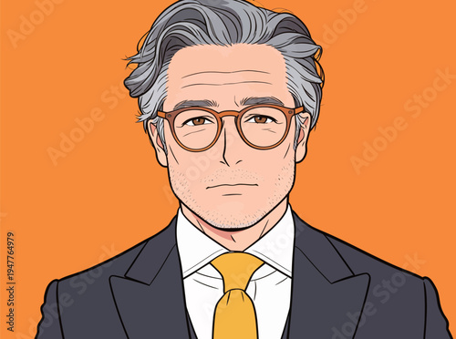 A businessman with grey hair and glasses stands in a formal suit and tie in front of an orange background.