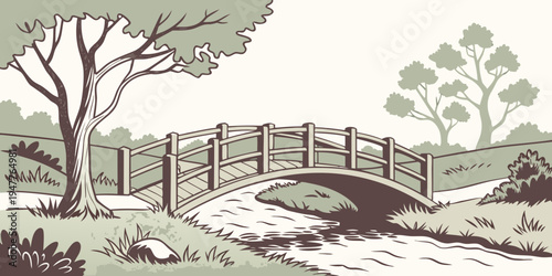 A small bridge over a stream in a rural landscape Vector