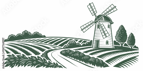 A green illustration of a windmill in a rural landscape Vector