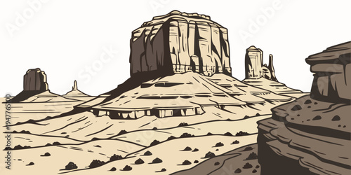 A desert landscape with a large rock formation Vector