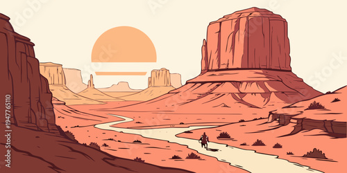 A desert landscape with a large rock formation and a sun Vector