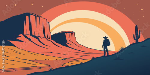 A person standing on a hill watching the sunset Vector