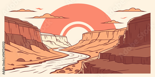 A pixel art illustration of a desert canyon at sunset Vector