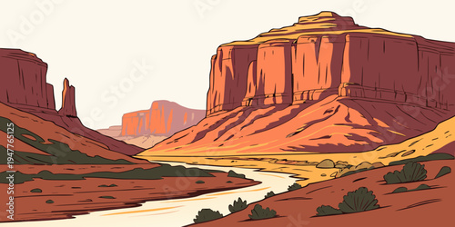 A red rock canyon with a river running through it Vector